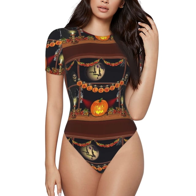 KLL Décoration d'Halloween pour Femmes Justaucorps à Manches Courtes, Justaucorps Aguichant une Pièce Col Rond Justaucorps Gainant Contrôle du Ventre-Petit