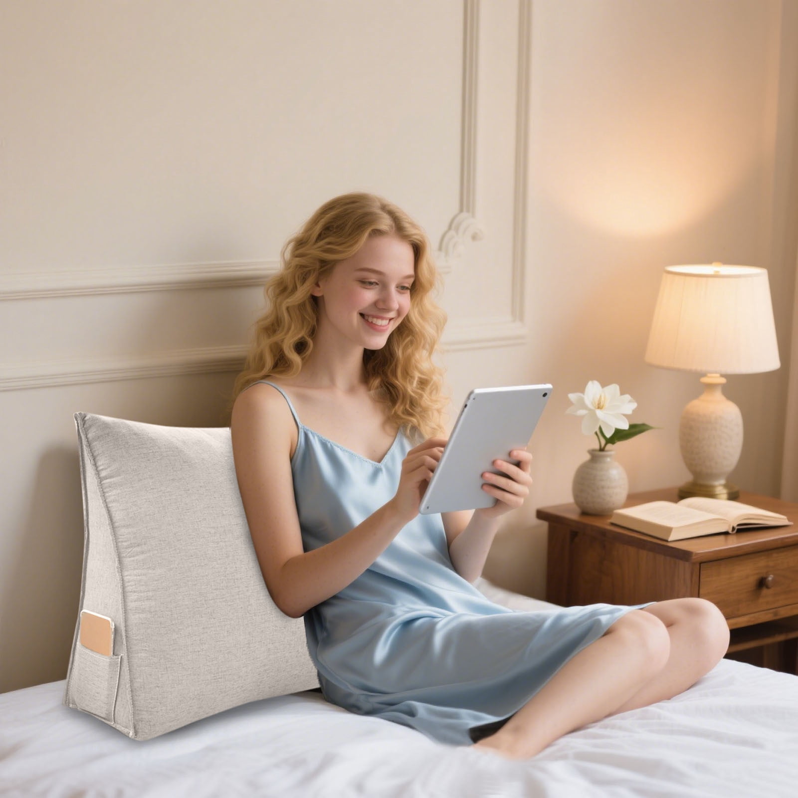 Triangular Back Support Pillow - Large Wedge Bolster Cushion for Reading in Bed & Sofa - Lumbar Neck Support with Removable Cover - Office Chair & Daybed Pillow