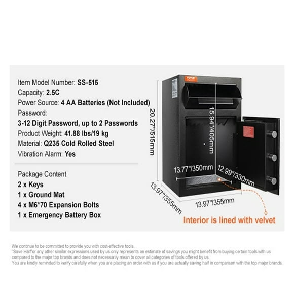 1.7/2.5 Cub Depository Safe Deposit Safe Electronic Code Lock & 2 Keys Business Drop Slot Safe for Cash Mail in Home Hotle ,Easy to Install