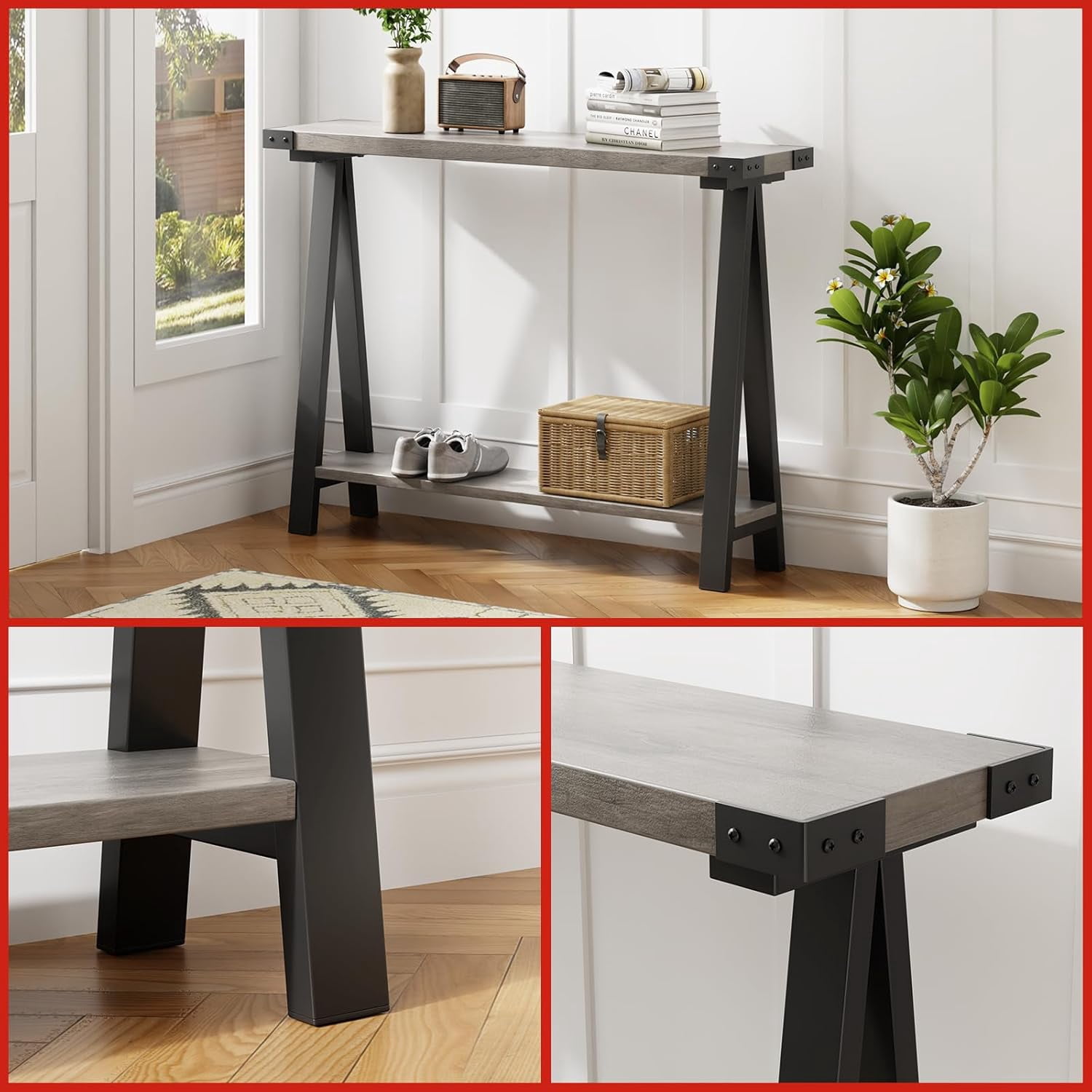 Farmhouse Narrow Entryway Table, 43.3" Console Table with Storage, 2 Tier Sofa Table with Metal Frame and MDF, Narrow Console Table for Living Room, Hallway, Entryway-Rustic Brown
