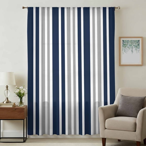 Navy Blue Grey Striped Sheer Curtains 96 Inches Long, Modern Minimalist Ombre Lines Light Filering Curtains, Privacy Drapes Simi Floor to Veiling Curtain for Living Room Bedroom Window Treatment