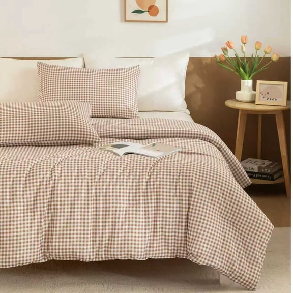JJCOITR Boho Tan Gingham Queen Comforter Set Modern Style Taupe Plaid Buffalo Bedding Set Checked Bed Set 3 Pieces for All Season