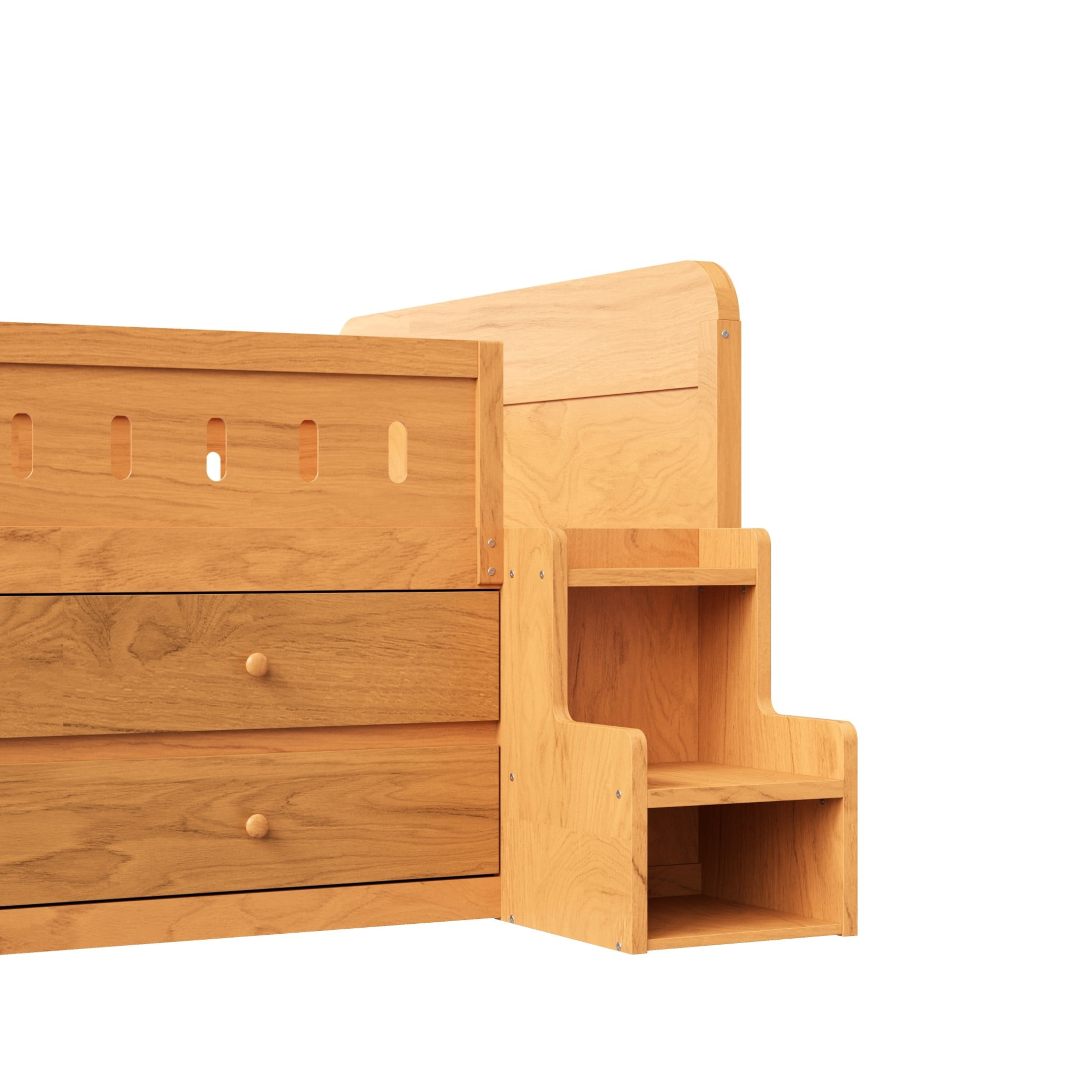 Noble House Halden Full Size Wooden Bed, Integrated LED Lighting and 4 Storage Drawers with Ladder, Natural