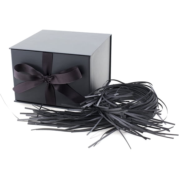 Medium Gift Box with Lid and Shredded Paper Fill (Black 7 inch Box) for Weddings, Graduations, Birthdays, Father's Day, Groomsmen Gifts, All Occasion