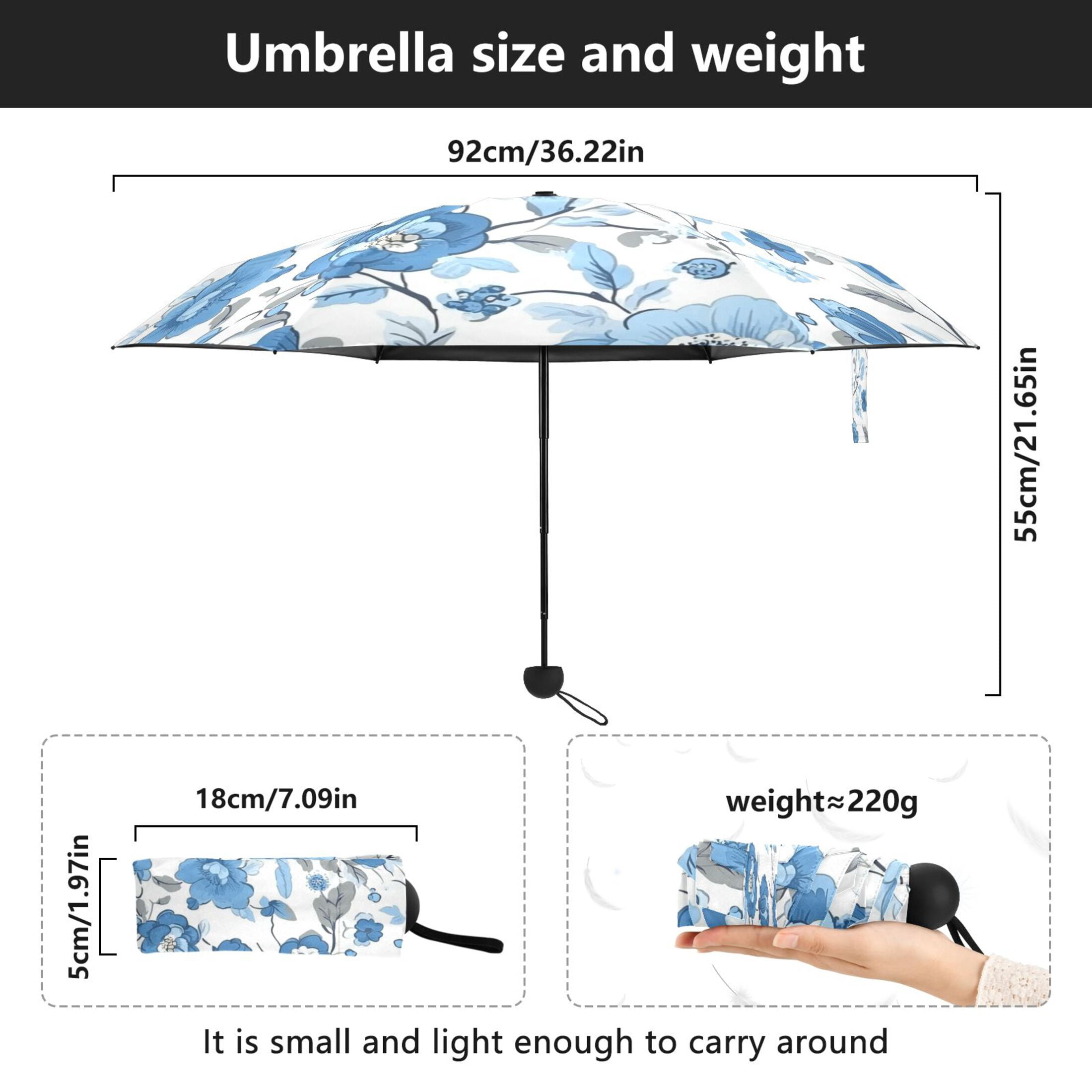 Blue Floral Pattern Umbrellas for Sun Auto Open Close UV50+ Waterproof 5-Fold Compact Fiberglass Frame