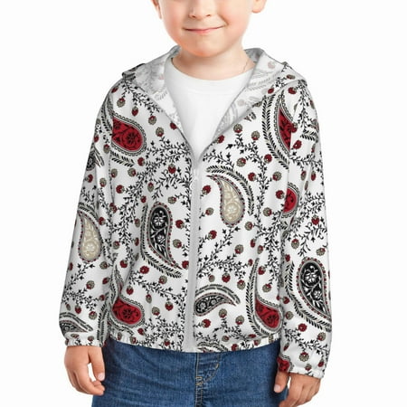 

Sun Hoodie for Kids Red Black White Paisley Long Sleeve Swim Fishing Shirts Sun Protection Zip Up Jacket Clothing Athletic Hoodie