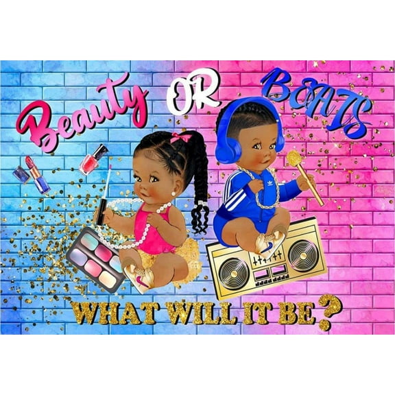 Vintage Aircraft Gender Reveal Backdrop Boy or Girl What Will Baby Be Banner Pink Blue Clouds Photography Background Photo Shoot