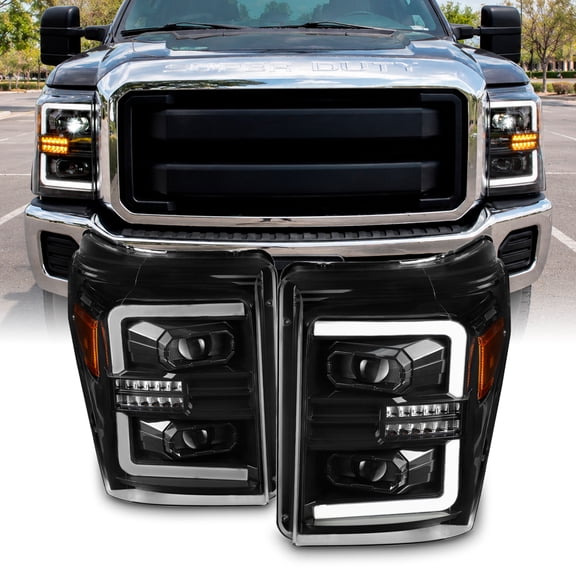AKKON - Fits 2011-2016 Ford F250 F350 F450 F550 SuperDuty Pickup Tube Bar [Full LED] Projector Black Headlights Pair Left  Right