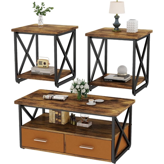 Baxluxe Coffee Table Set 3-Piece for Living Room,Coffee Table and 2 End Tables with Drawers and Storage Shelves,Tea Table Set for Small Spaces, Apartment, Brown