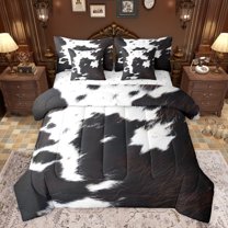 jejeloiu Retro Cattle Hide 7pcs Bedding Comforter Set,Farm Cow Print Queen Bedding Sets,White Black Queen Sheet Sets For Adult,Super Cozy Room Decor Reversible