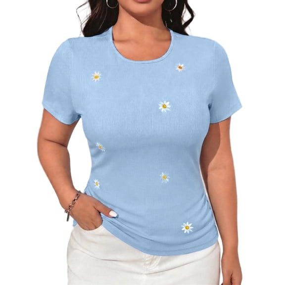 Cuteduck Women's Shirts Slim Fit Short Sleeve Crop Top Crew Neck Daisy Embroidery Casual Tops Summer Basic Tees for Women M-3X