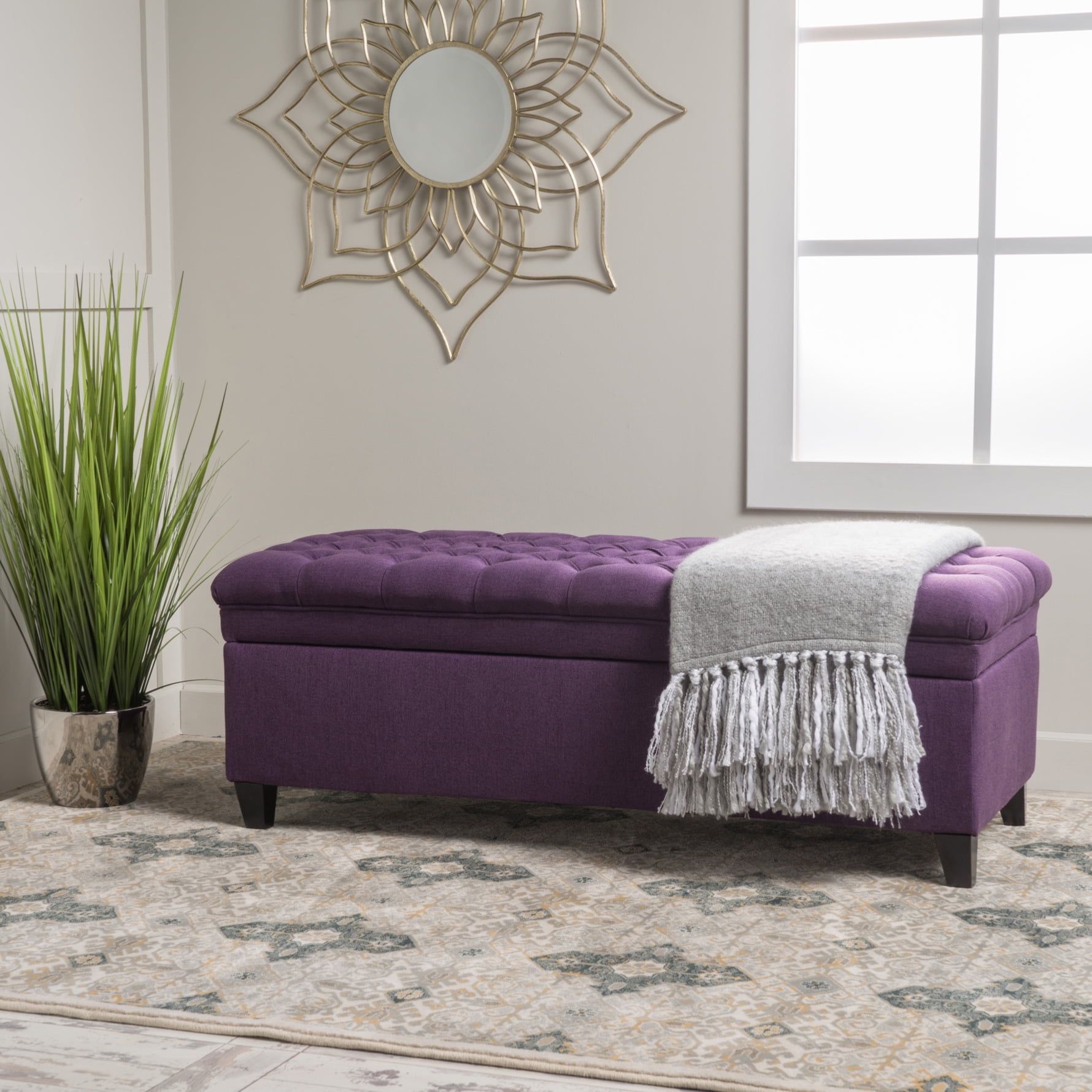 50" Storage Ottoman, Storage Ottoman Bench with Wooden Legs and Safety Hinge, Tufted Entryway Bedroom Bench, Holds up to 330 lb, for Living Room, Bedroom, Purple