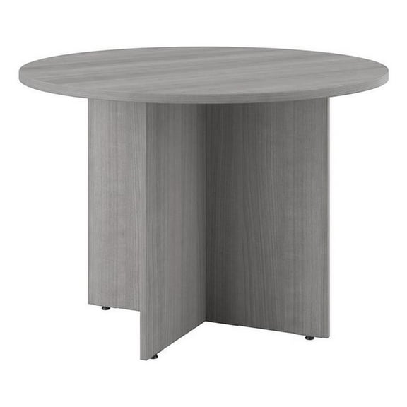 42W Round Conference Table with Wood Base in Platinum Gray - Engineered Wood