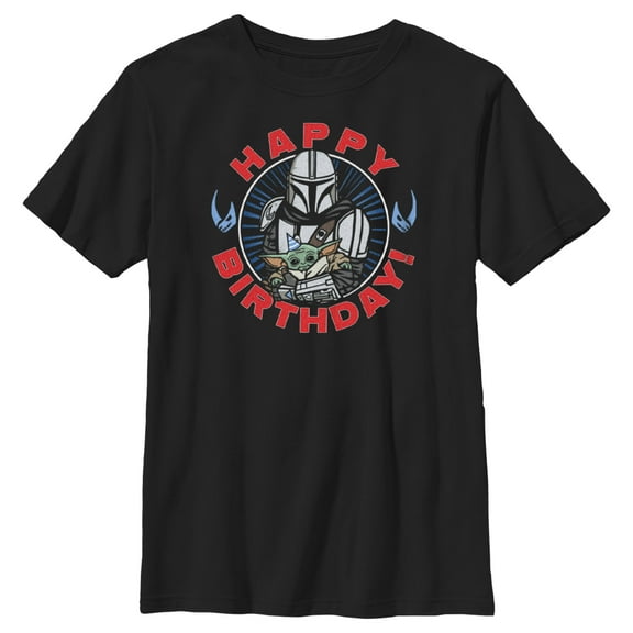 Boy's Star Wars: The Mandalorian Grogu and Din Djarin Happy Birthday  Graphic Tee Black Small