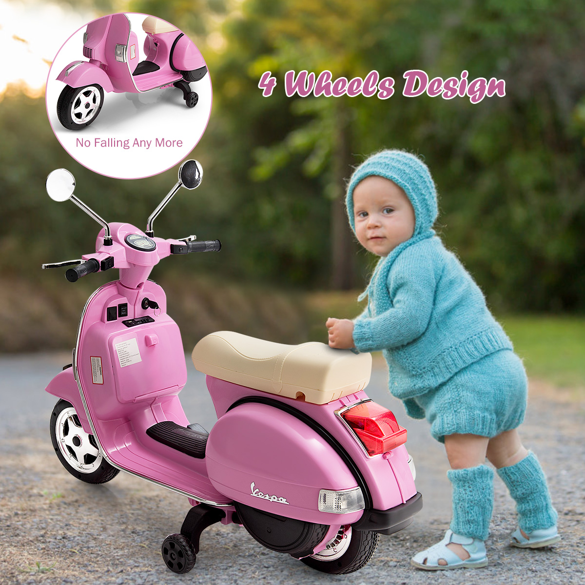 Costway Kids Vespa Scooter, 6V Rechargeable Ride on Motorcycle w/Training Wheels Pink - image 5 of 9