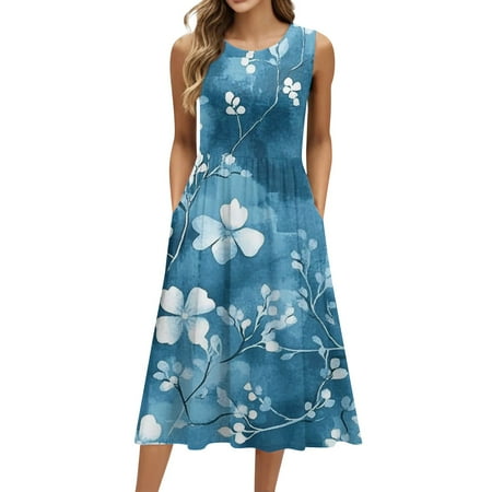 Biziza 2025 Casual Dresses for Women Long Blue Causal Vintage Floral Sleeveless Elegant Dresses Lightweight Cotton Round Neck Stretch Polyester Corset Dress with Pockets