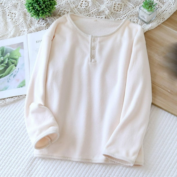 Pijamas térmicos de invierno para mujer, gruesos, de color liso, con botones, de manga larga, cálidos y de terciopelo. Camiseta de poliéster para mujer.