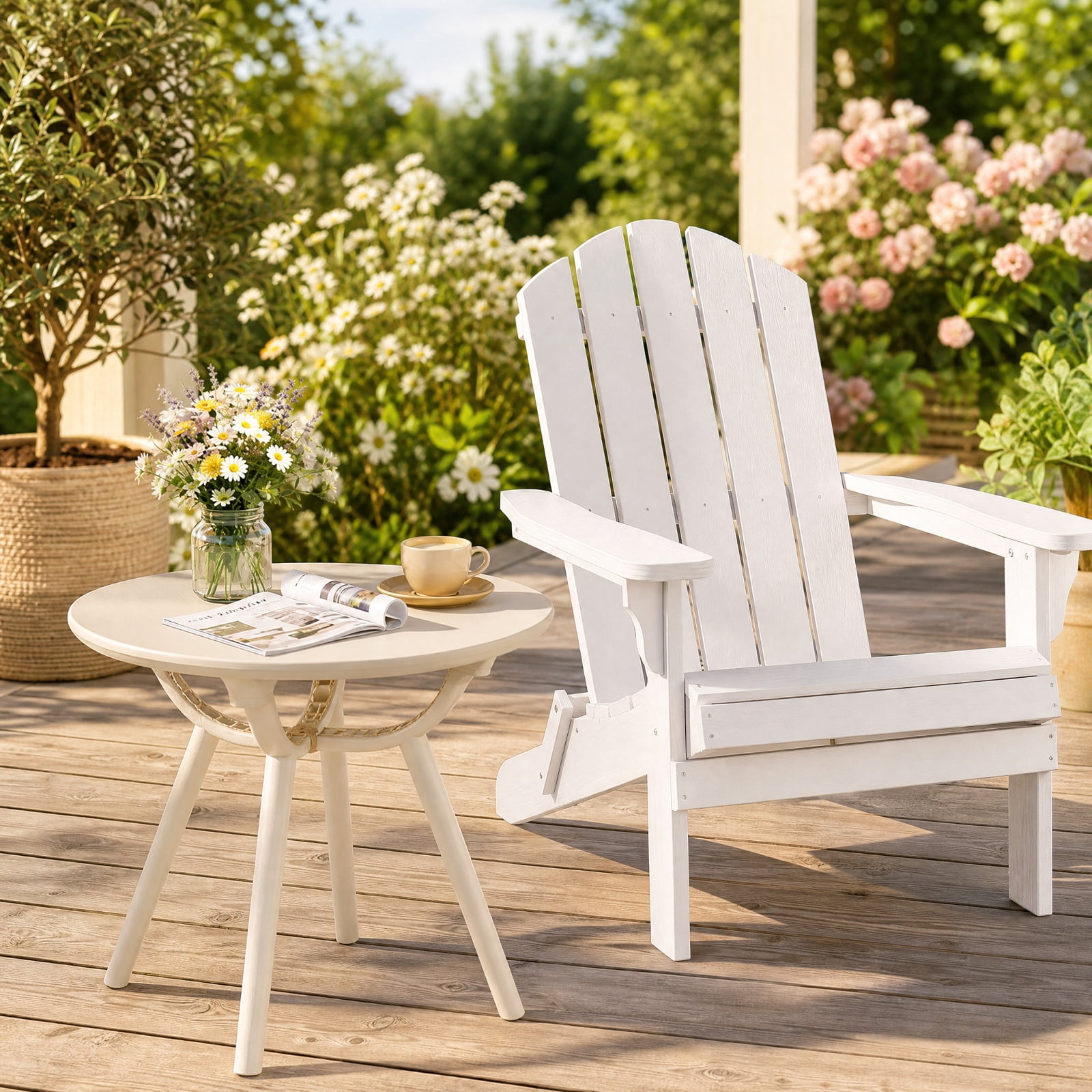 Furnibear Weather Resistant Circular Small End Table Set of 2 with Spacious Round Tops and Molded PP ABS Build for Poolside and Backyard, White