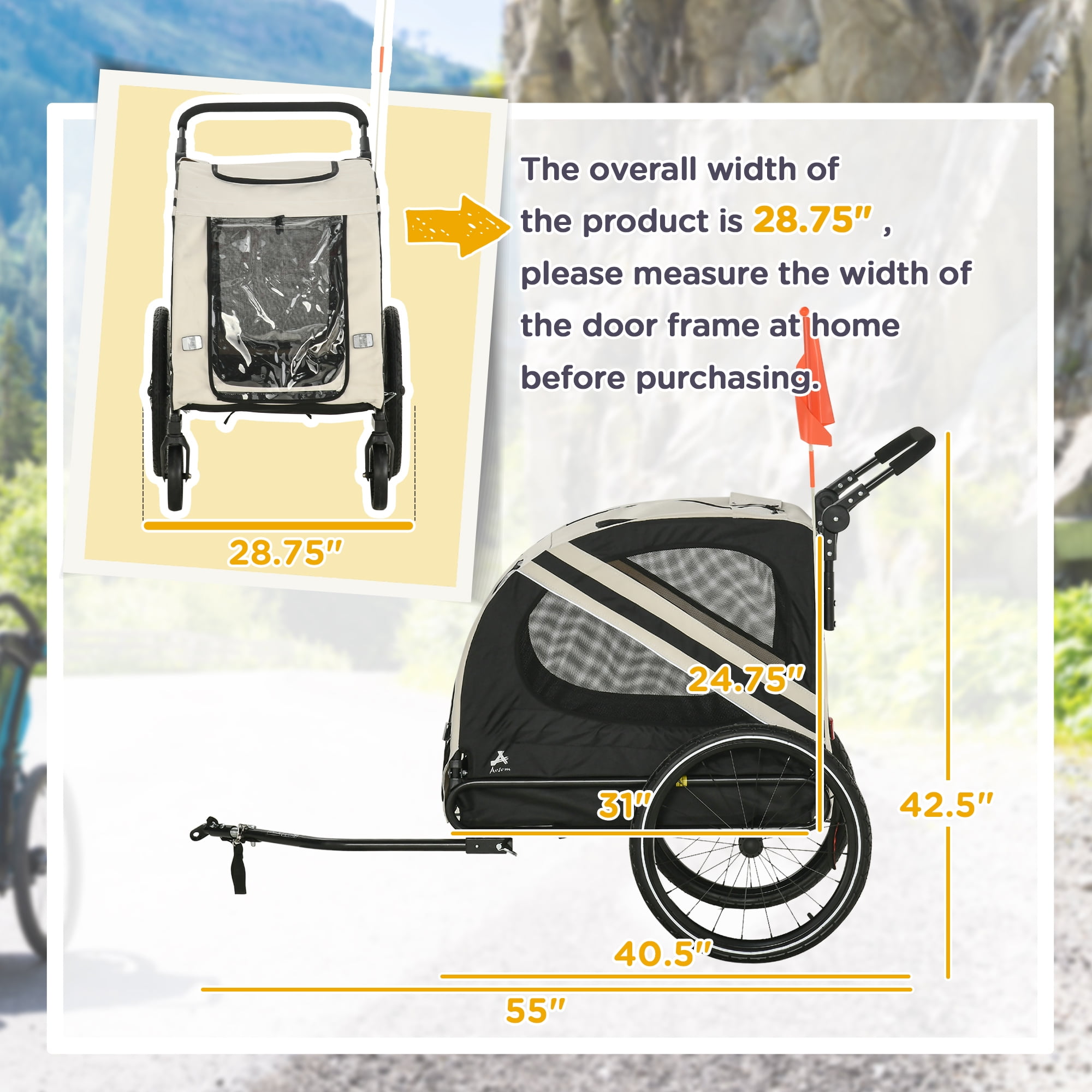 2-in-1 Pet Bike Trailer for Small Dogs, Road-Visibility Bicycle Stroller, Weather-Strong Bike Wagon Trailer Sidecar Attachment, White