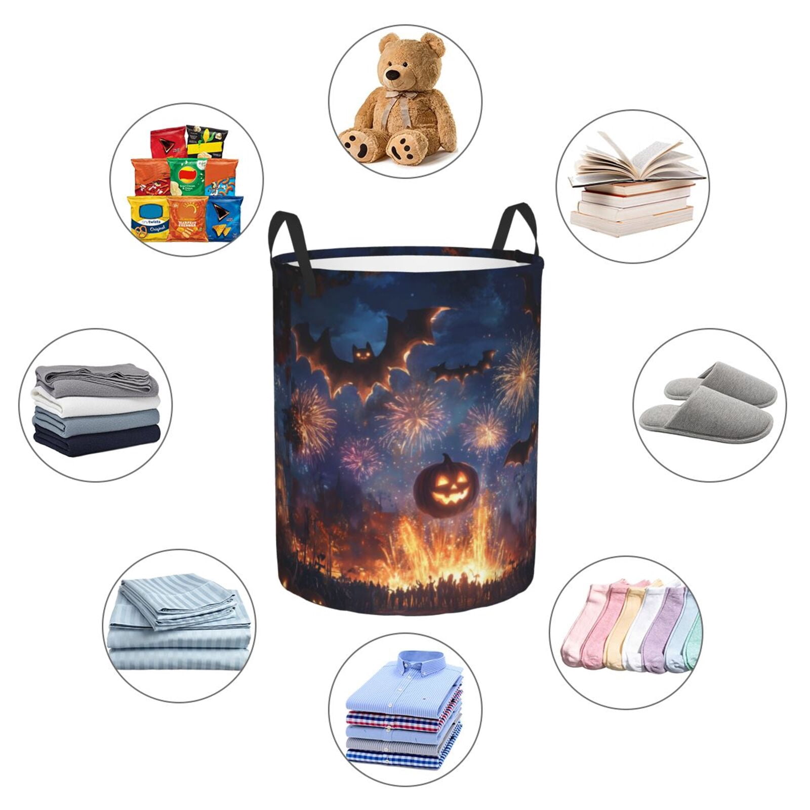 Large Laundry Basket with Handles - Halloween Pumpkin Bat Glow k Kids Baby Dirty Clothes Laundry Hamper for Bedroom Aesthetic