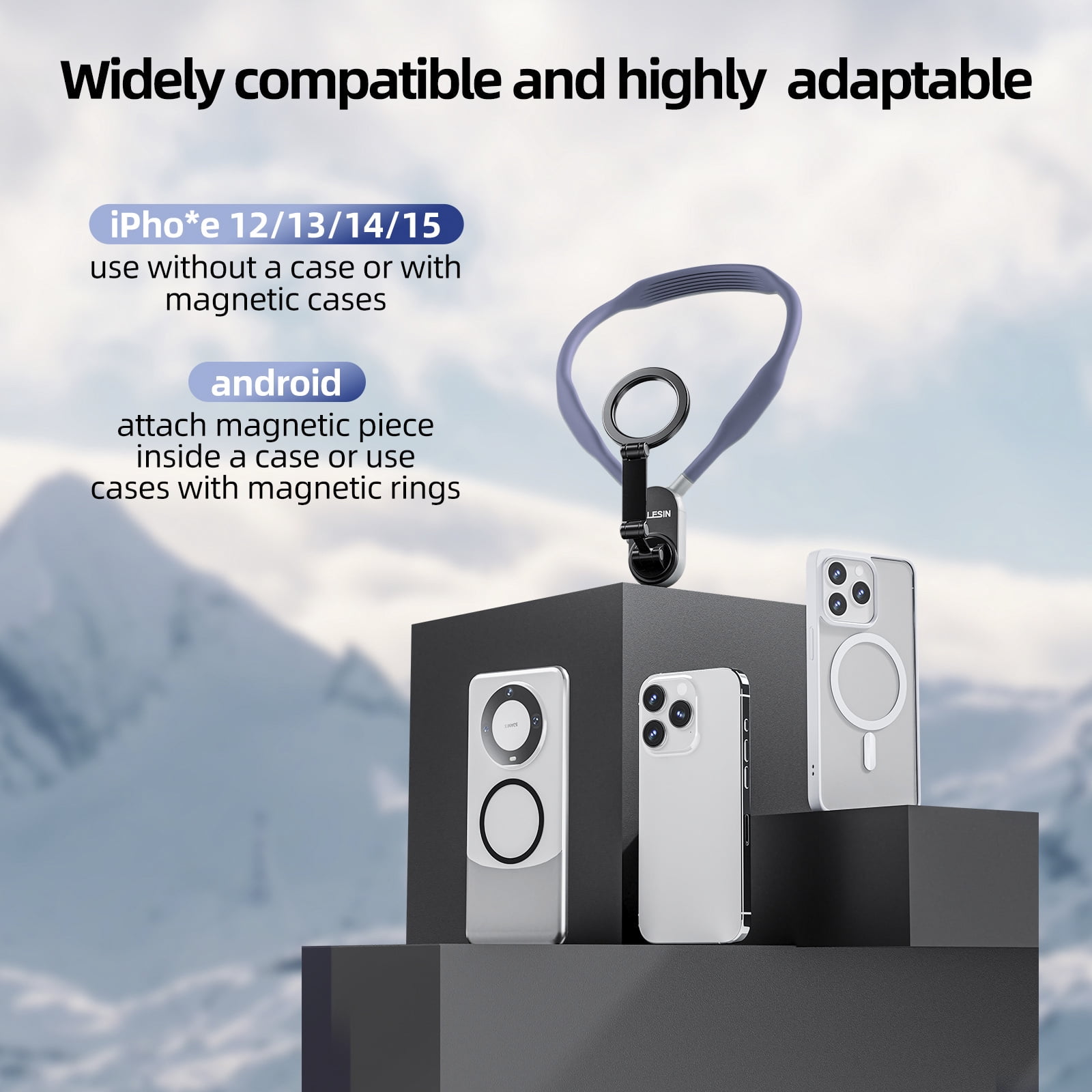 VIPQV Magnetic Neck Mount for Phones, Neck Cell Phone Holder POV/Vlog Selfie Mount Hand Free Phone Neck Holder Chest Stand Strap Video Recording for iPhone Android Phones, Blue