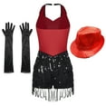 thumbnail image 4 of YONGHS Women's Halter Sequins Fringe Bodysuit Jumpsuit Jazz Ballet Latin Dance Dress with Gloves Hat Red L, 4 of 7