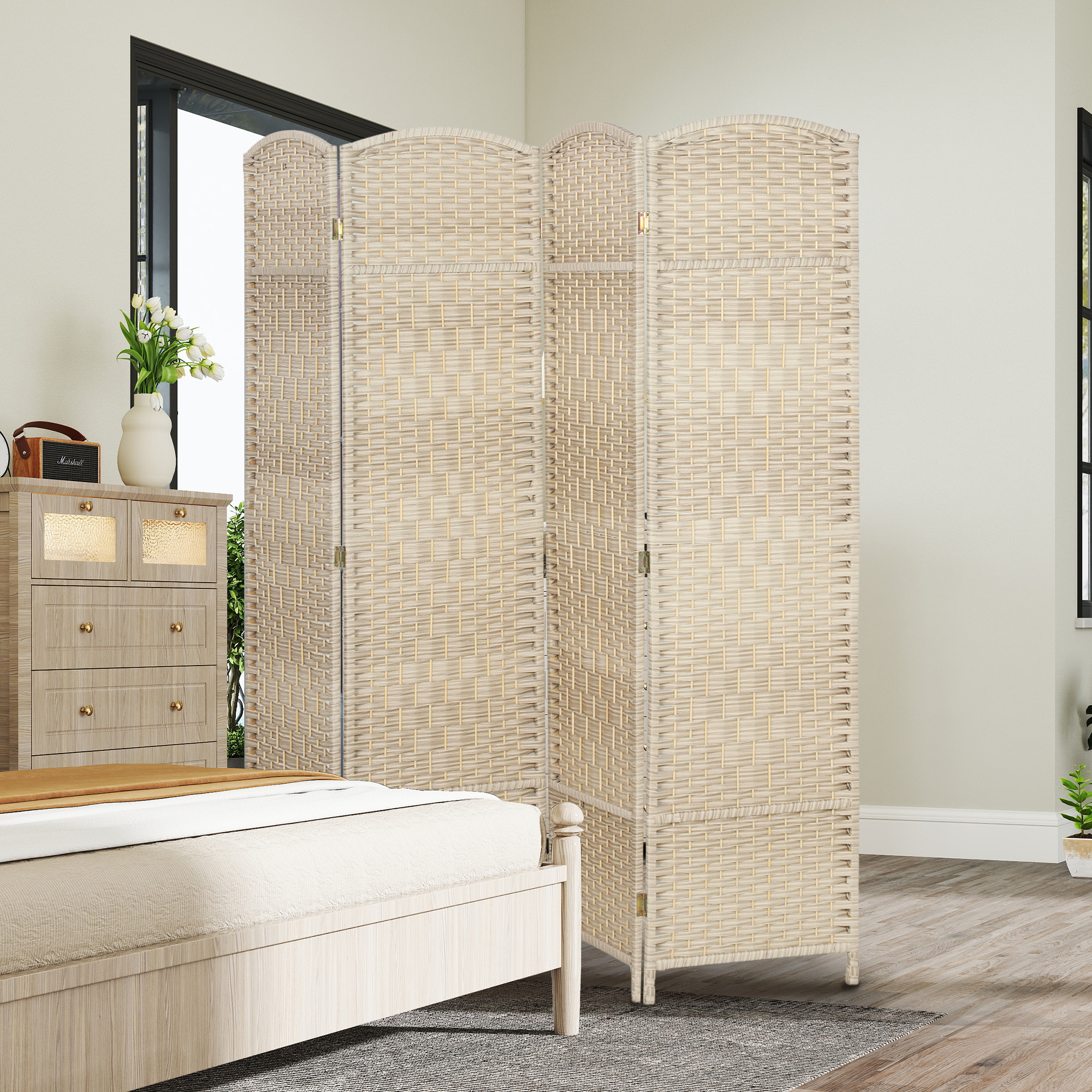 HOMCOM 4 Panel Room Divider, 6' Tall Folding Privacy Screen, Hand-Woven Freestanding Wood Partition for Home Office, Bedroom, Washed Oak