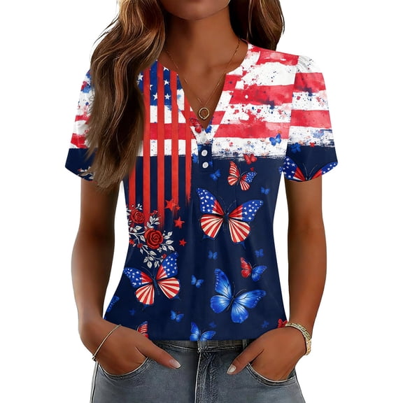 LWavelet Fourth of July Shirts for Women Short Sleeve Tops V-Neck Casual Patriotic Floral Butterfly Graphic Tee Navy 2XL