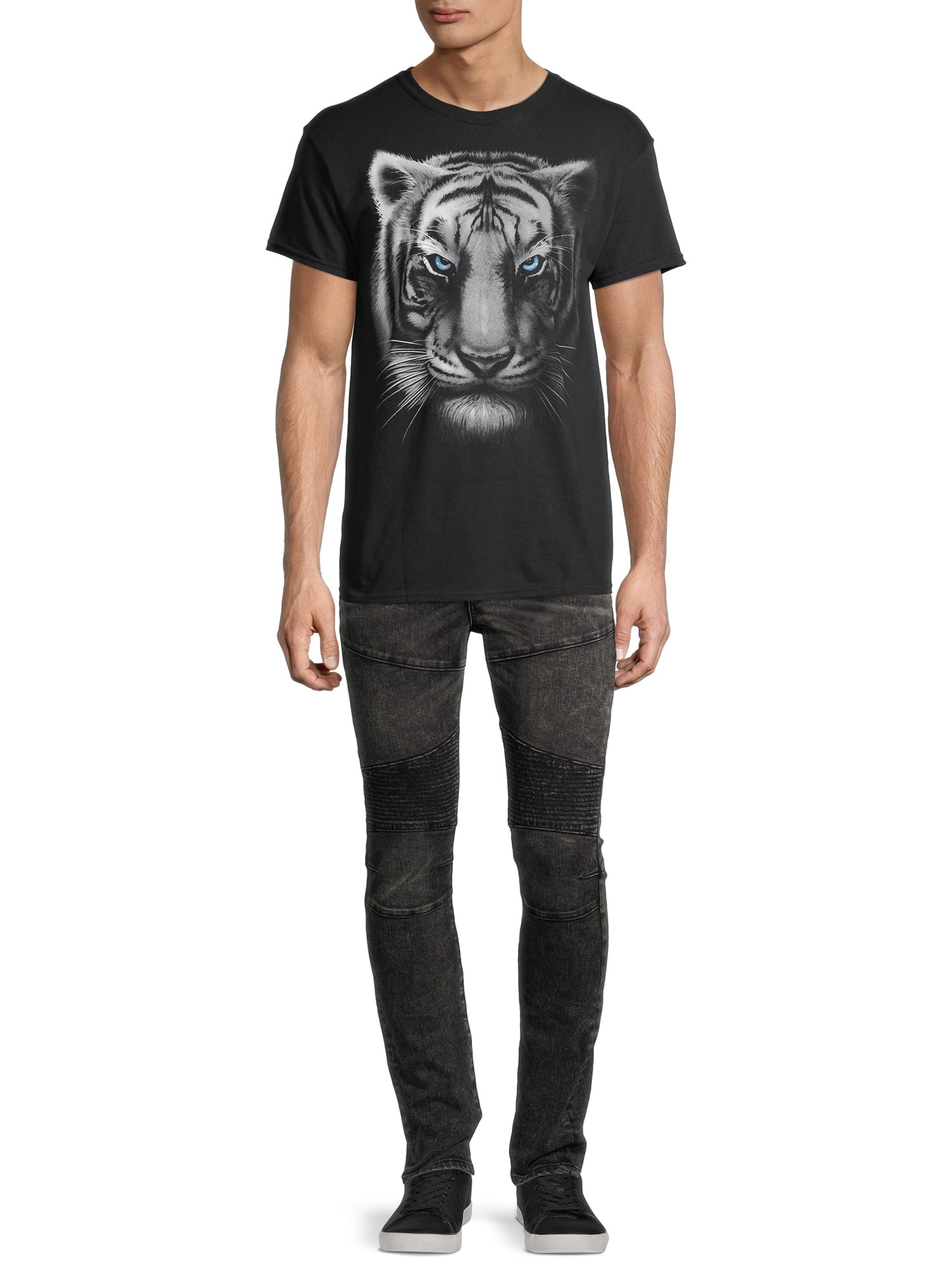 Teelocity Men's Black and White Tiger Head Black Relaxed Fit Short Sleeve Graphic T-Shirt