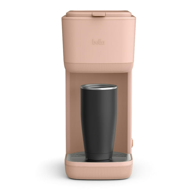 BELLA Cafetera de una sola porción, taza K y café molido compatible con bandeja de goteo extraíble y ajustable, apagado automático y accesorios reutilizables aptos para lavavajillas, prepara de 6 oz a