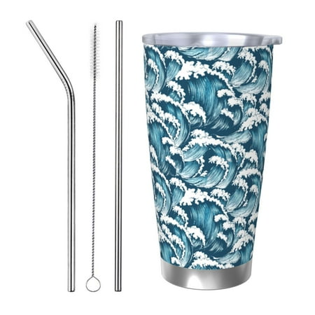 

Cauagu Ocean Waves Pattern 20oz Tumbler Stainless Steel Vacuum Insulated Tumbler with Lid Insulated Coffee Mug Thermal Cup with Splash Proof Sliding Lid-Straw Three-piece Set