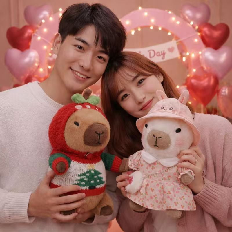 2PCS 10.2-Inch Capybara Plush Couple Set , Soft Stuffed Animals in Strawberry Hoodie & Bunny Hat Dress, Cute Plush Toys for Valentine’s Day, Birthdays & Room Decor