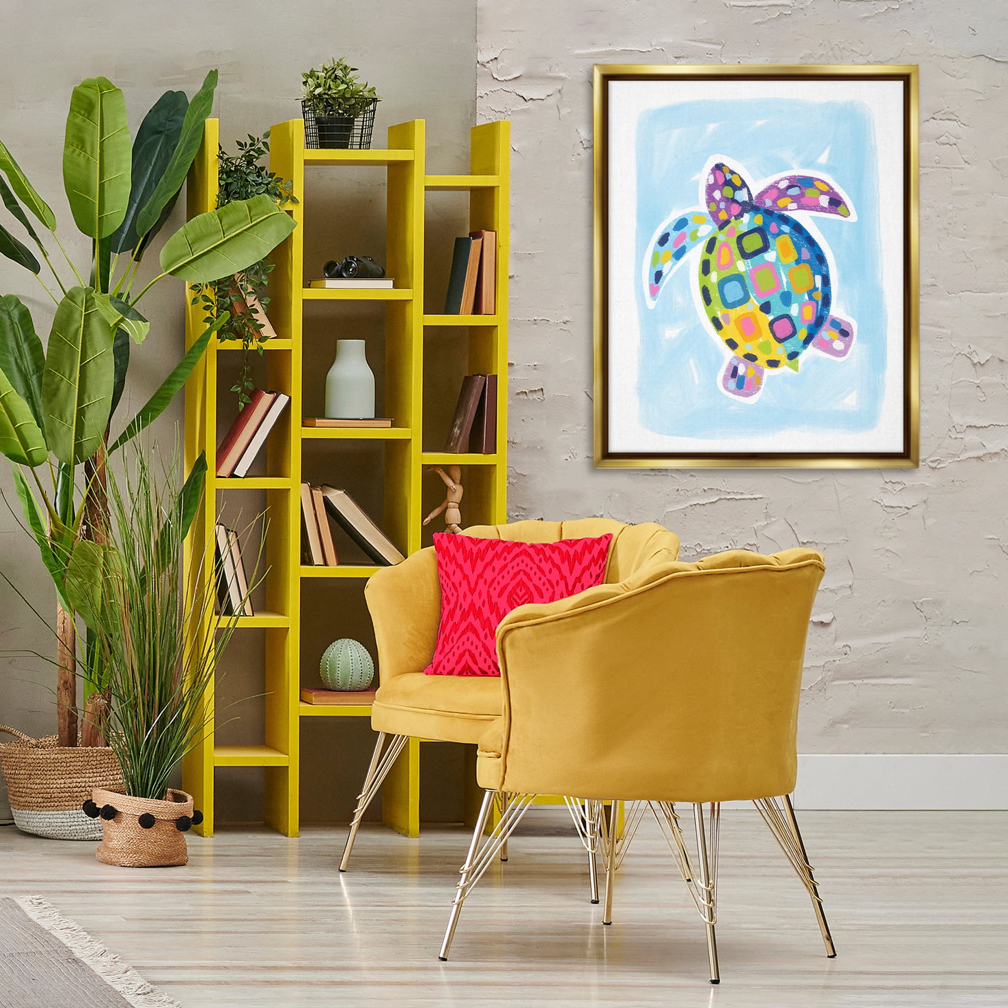 Stupell Industries Mosaic Turtle on Blue Animals & Insects Painting Gold Floater Framed Canvas Art Print Wall Art, 25 x 31