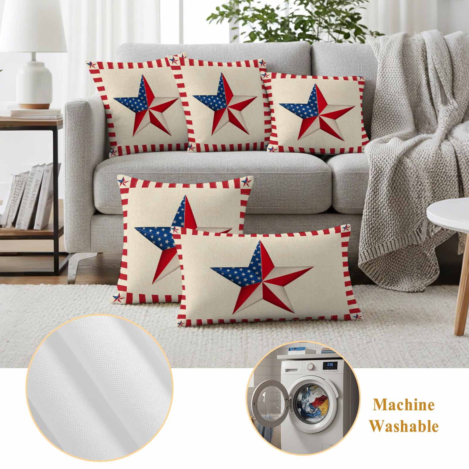 Independence Day Pillow Covers 2 Pack Farmhouse American Flag Pentagram Pillowcase Waterproof Outdoor Throw Pillow Cover for Patio Garden Square Cushion 24”x24”