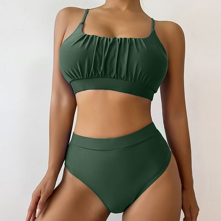 NTACZA High Waist Bikinis for Women Plus Size Green Padded Push-Up Scoop Neck Solid Two-Piece Sets Swimwear for Girls L