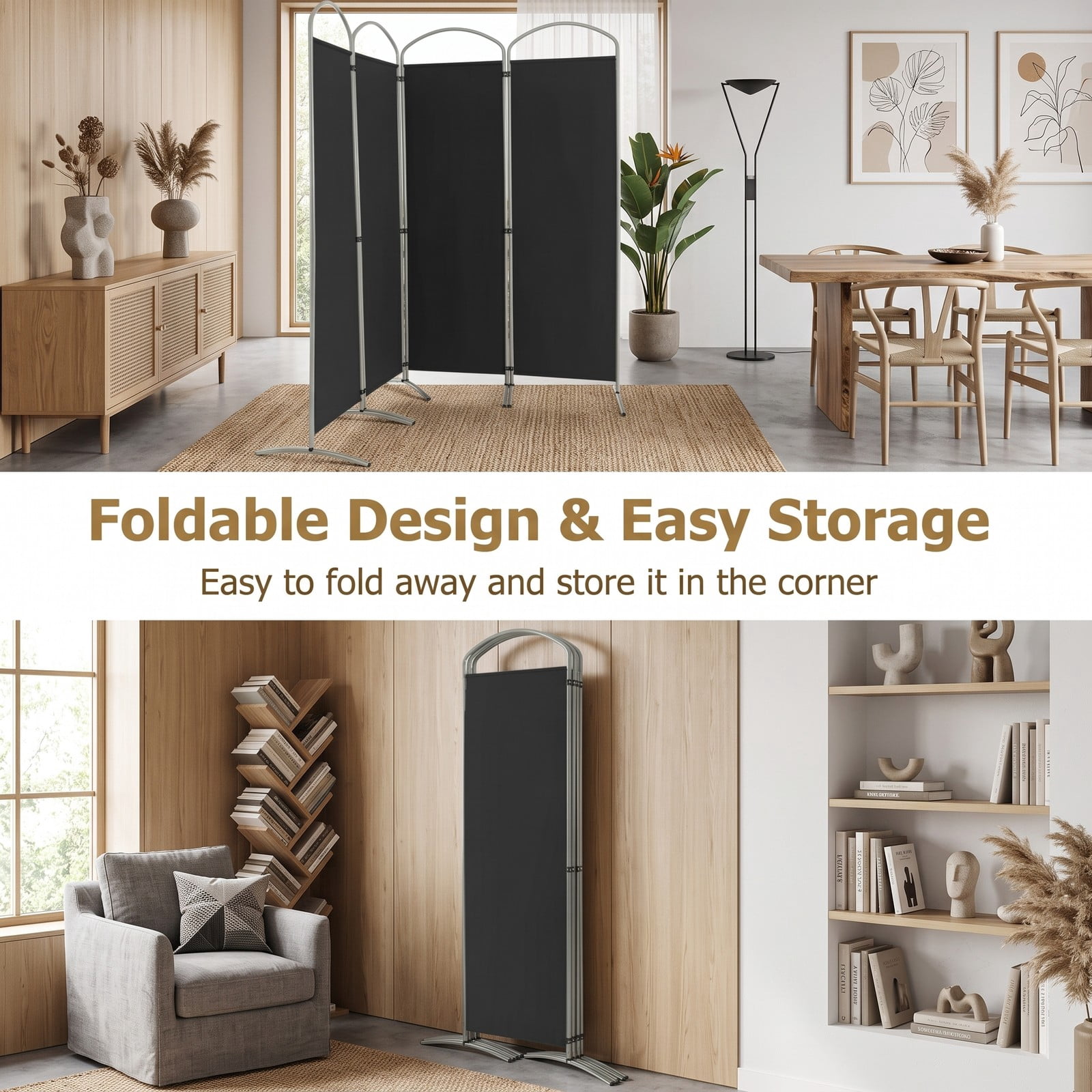 ALPULON 6.2Ft Folding 4-Panel Room Divider Freestanding Privacy Screen Partition for Home Office Living Room Bedroom, Polyester Fabric with Metal Base, Black