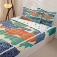 thumbnail image 3 of Castle Fairy Japanese Ukiyo-E Ocean Wave Tile Zipper Queen Comforter Set with Fitted Sheet and 2 Pillowcases,Multi-Tone Line Cloud Seamless Print Zipper Bedding Set,Teal Orange,Reversible,4 Pieces, 3 of 6