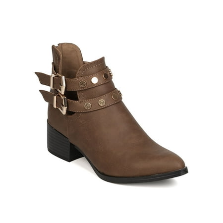 

New Women Qupid Wasco-11X PU Pointy Toe Studded Double Buckle Chunky Heel Bootie