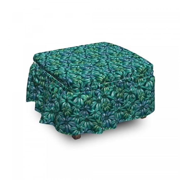Floral Ottoman Cover, Exotic Blooms Foliage, 2 Piece Slipcover Set with Ruffle Skirt for Square Round Cube Footstool Decorative Home Accent, Standard Size, Jade Green Petrol Blue, by Ambesonne