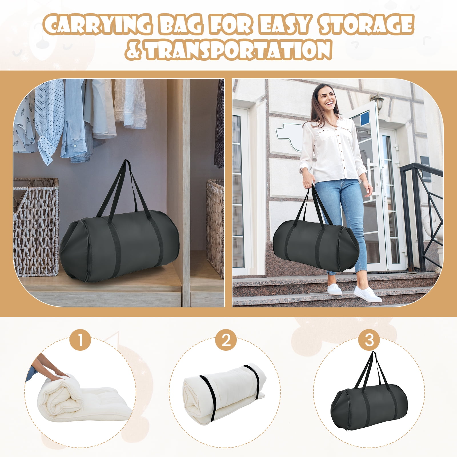 Costway King Futon Mattress Japanese Floor Sleeping Pad Washable Cover Carry Bag Beige