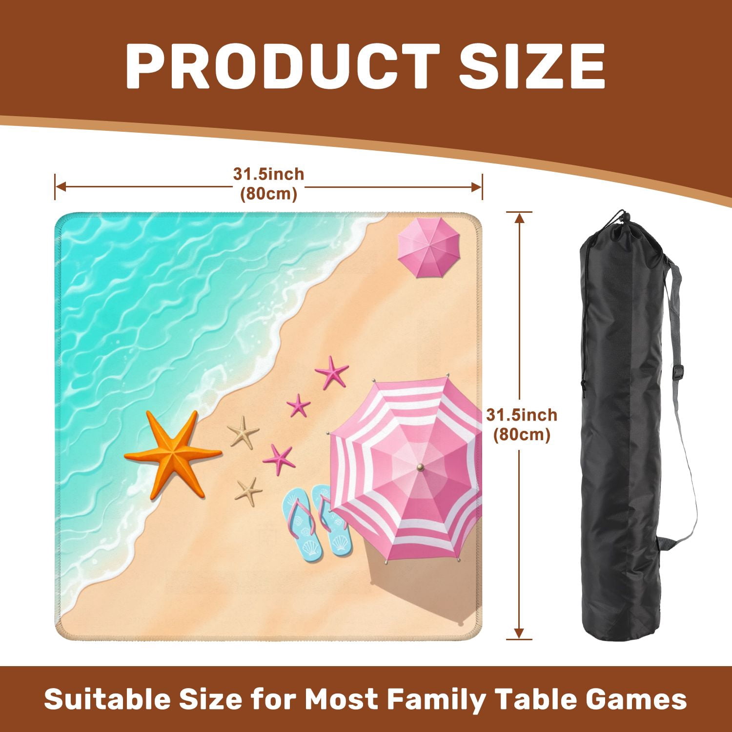 Mahjong Mat 31.5" x 31.5" Beach Scene Starfish Pink Umbrellas Flip Flops Sandy Shore Non-Slip Noise Reduction American Mahjong Tiles Table Cover for Dominoes Poker Card Board Games Gift