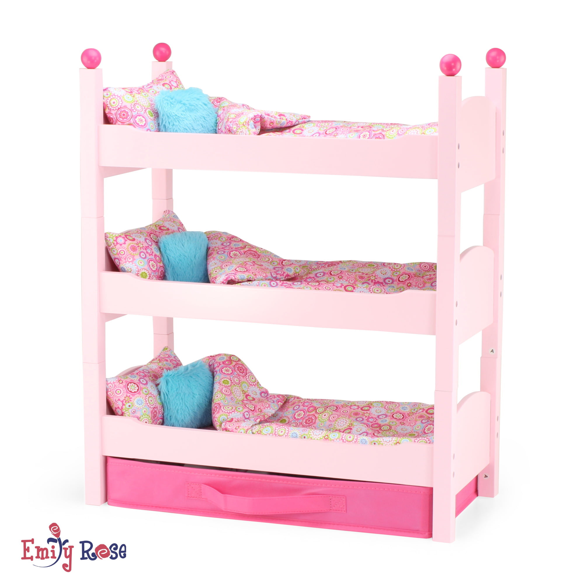 Doll Pink Stackable Triple Bunk Bed, Bedding For 18 Doll Bunk Beds