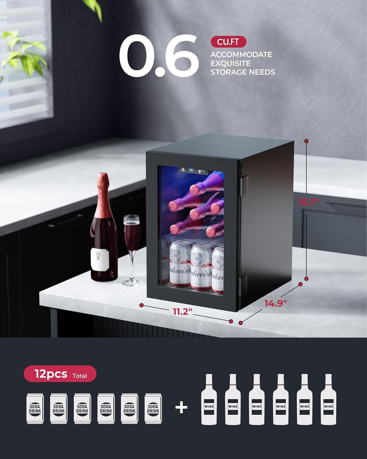 6 Bottles and 6 Cans Compact Beverage Refrigerator, Freestanding Mini Fridge with Temperature Control for Beer Wine, Under Counter Small Refrigerator Adjustable Shelve for Home and Bar