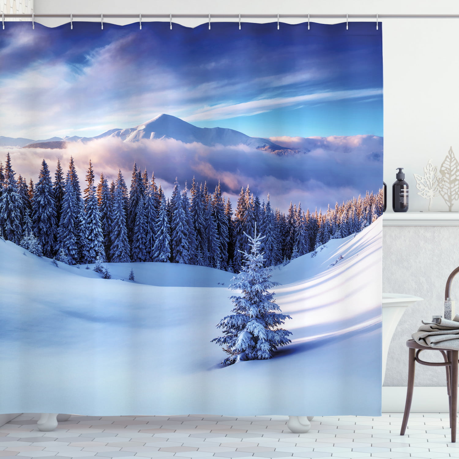 Winter Forest And Mountian Covered Snow Bathroom Fabric Shower Curtain Set 71in 