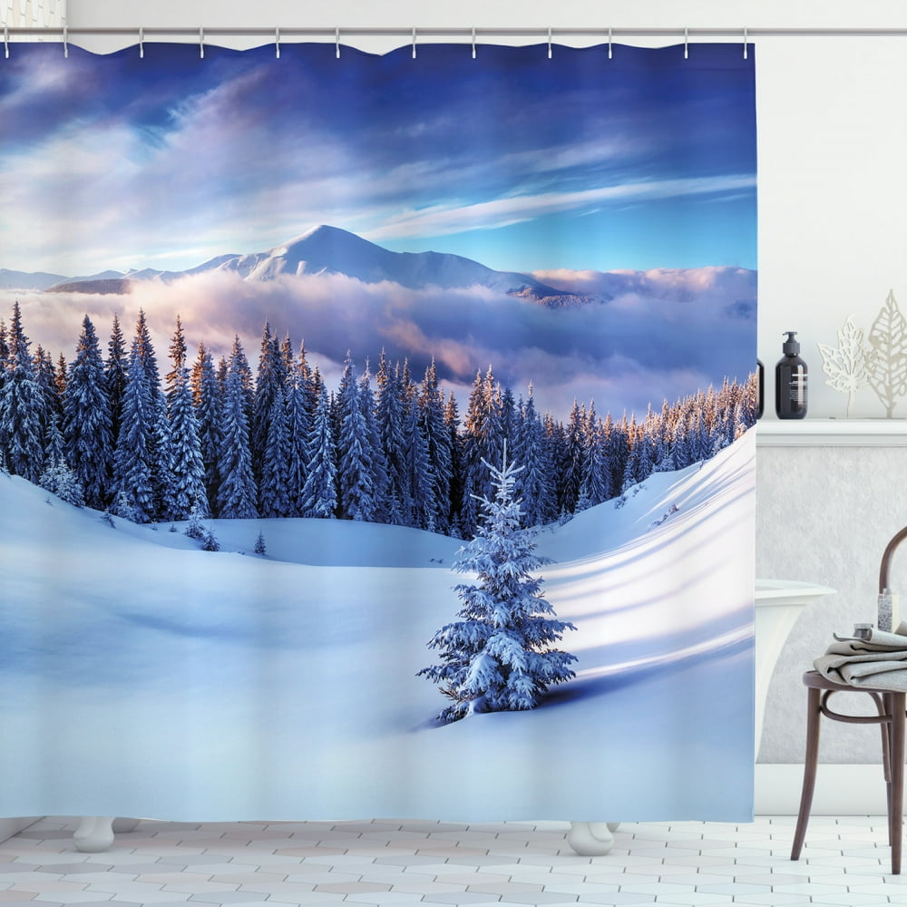 Winter Shower Curtain, Surreal Winter Scenery with High Mountain Peaks