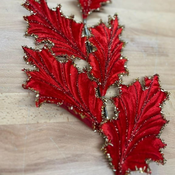 28" Tinsel Holly Leaf Spray: Red