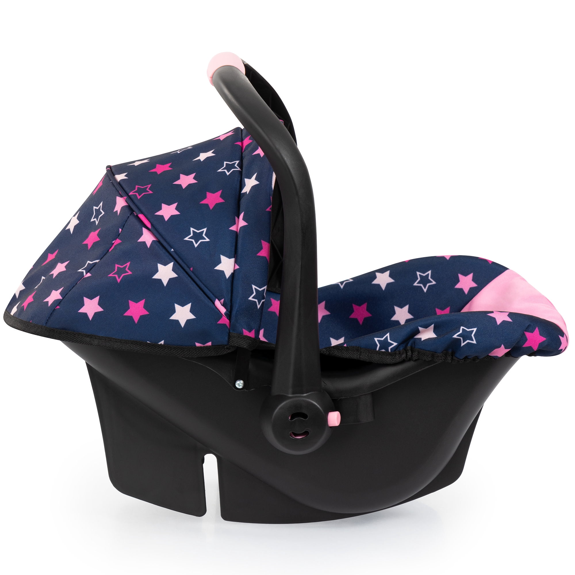 Bayer Design: Doll Deluxe Car Seat - Navy-Pink-Star - Portable Travel Carrier For Dolls Up To 18", Sunshade & Carry Handle, Use As Rocker, Kids 3+
