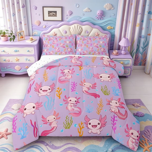 Manfei Amphibian Axolotl Print Full Size Comforter Sets,Cartoon Animal Bedding Comforter Set,Reversible,3-Piece,1 Comforter and 2 Pillowcases