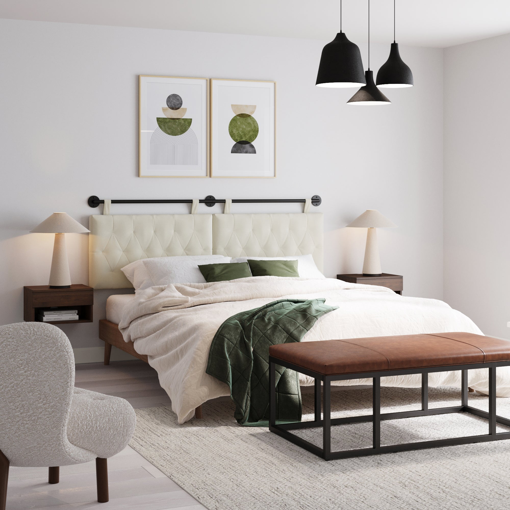 Nathan James Remi King Wall Mount White Button Tufted Headboard with Adjustable Straps and Black Metal Rail