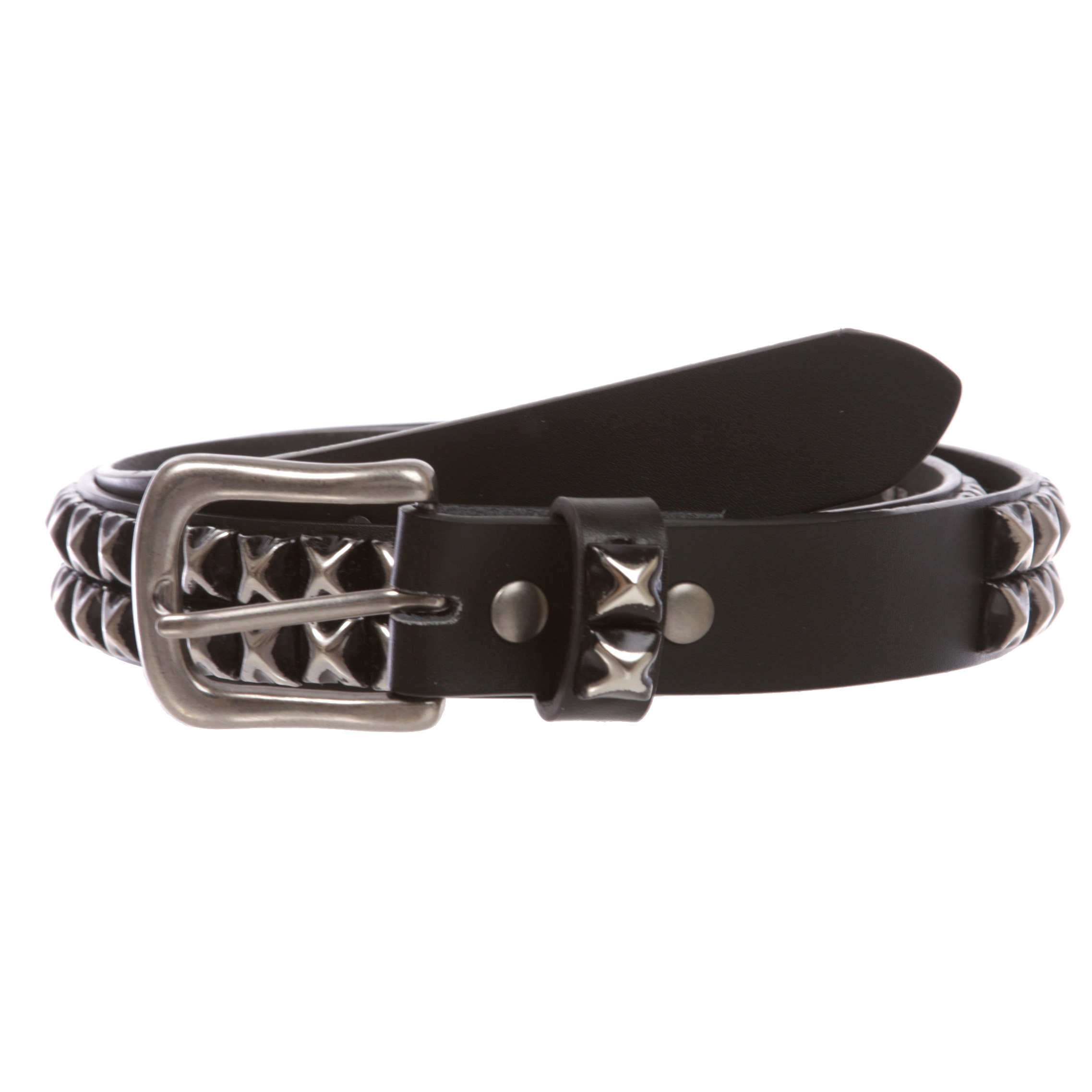 Snap On Two Row Punk Rock Star Distressed Black Studded Leather Belt - image 2 of 5
